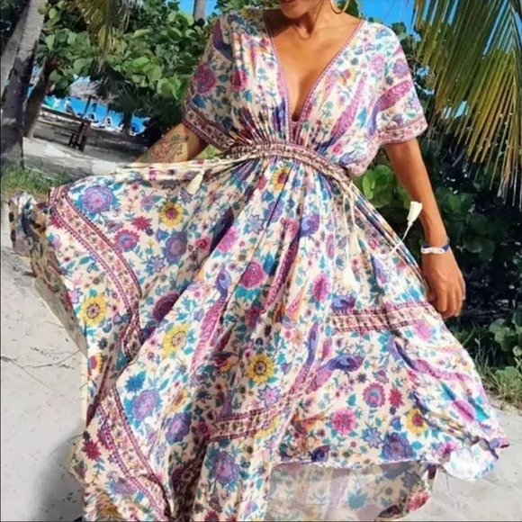 Boho Floral Maxi Dress — Drawstring Waist | Flowy Cotton Summer Dress - Picture 4 of 6